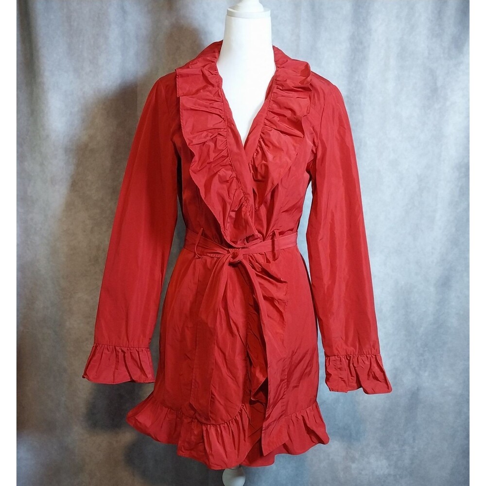 Chapter One Womens Red Ruffled Trench Coat Jacket Belted Duster Size Small